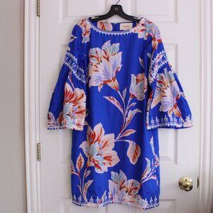 Figue Tanya Shift Dress Floral Blue Cotton Poplin Boatneck Embroidery Detail